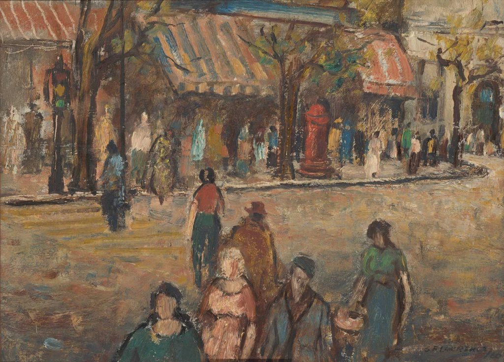 George Feather LAWRENCE 'Kings Cross, Sydney' 1960, oil on composition board, 33.0 x 43.5 cm [image]; 46.8 x 57.5 cm [frame]. Ledger Gift, 1987. 1987.09. Benalla Art Gallery Collection. © Estate of George Feather Lawrence / Copyright Agency, 2020